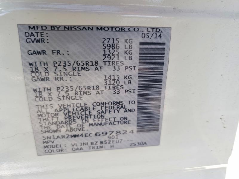 Aukcja sprzedaży 2014 Nissan Pathfinder, vin: 5N1AR2MM4EC697824, numer aukcji: 65625026