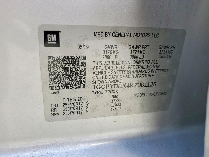 66372876 :رقم المزاد ، 1GCPYDEK4KZ361125 vin ، 2019 Chevrolet Silverado مزاد بيع