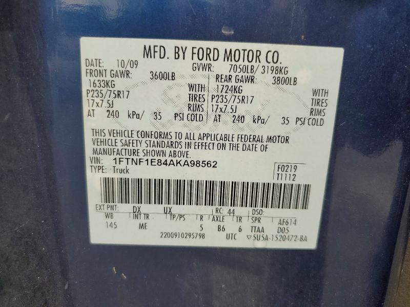 63794796 :رقم المزاد ، 1FTNF1E84AKA98562 vin ، 2010 Ford F150 مزاد بيع