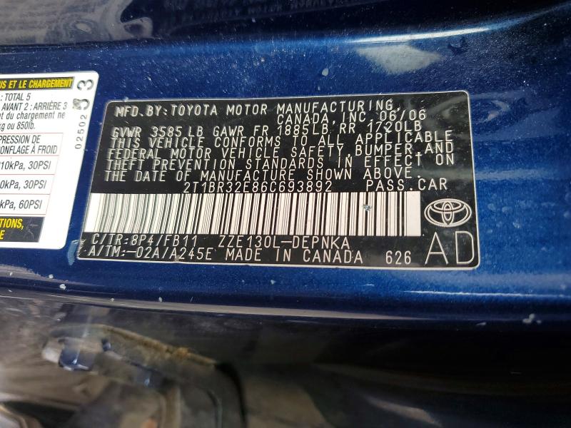 Продажа на аукционе авто 2006 Toyota Corolla, vin: 2T1BR32E86C693892, номер лота: 63793086