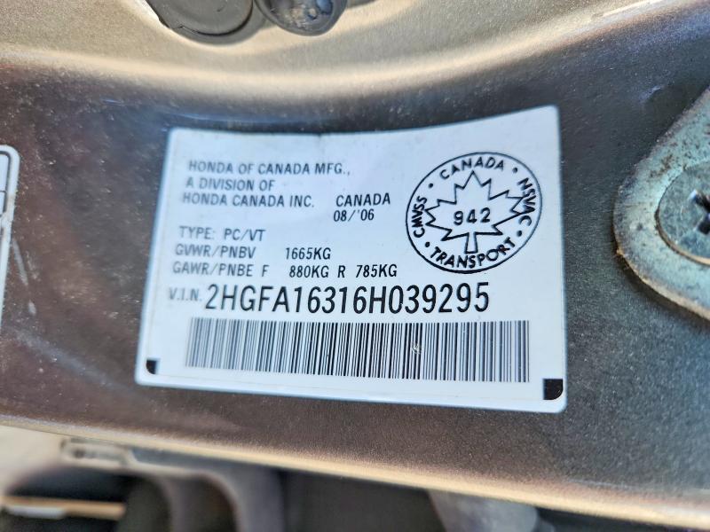 66603406 :رقم المزاد ، 2HGFA16316H039295 vin ، 2006 Honda Civic مزاد بيع