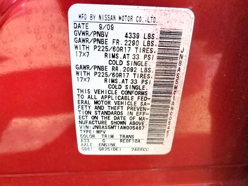 65050736 :رقم المزاد ، JN8AS5MT1AW005467 vin ، 2010 Nissan Rogue مزاد بيع