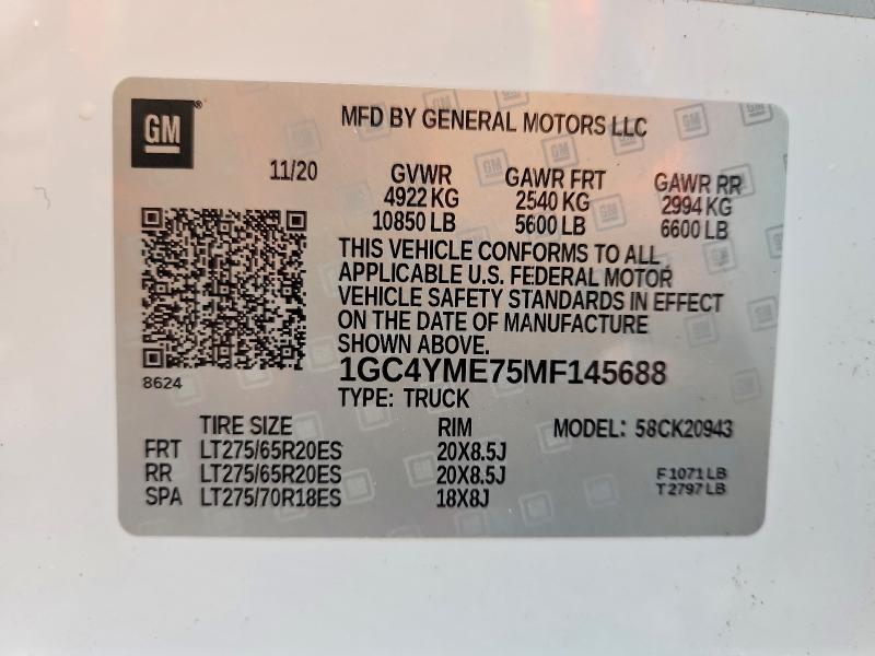 2021 Chevrolet Silverado მანქანა იყიდება აუქციონზე, vin: 1GC4YME75MF145688, აუქციონის ნომერი: 62937806