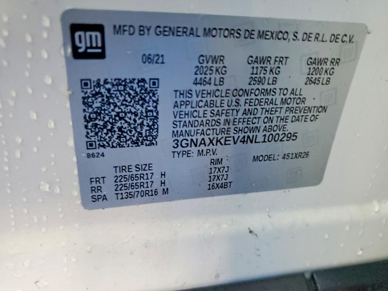 2022 Chevrolet Equinox მანქანა იყიდება აუქციონზე, vin: 3GNAXKEV4NL100295, აუქციონის ნომერი: 63923556