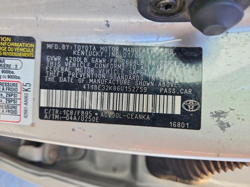 Продаж на аукціоні авто 2006 Toyota Camry, vin: 4T1BE32K86U152759, номер лоту: 63426456