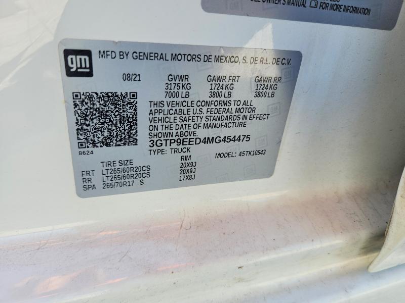2021 Gmc Sierra მანქანა იყიდება აუქციონზე, vin: 3GTP9EED4MG454475, აუქციონის ნომერი: 65001416