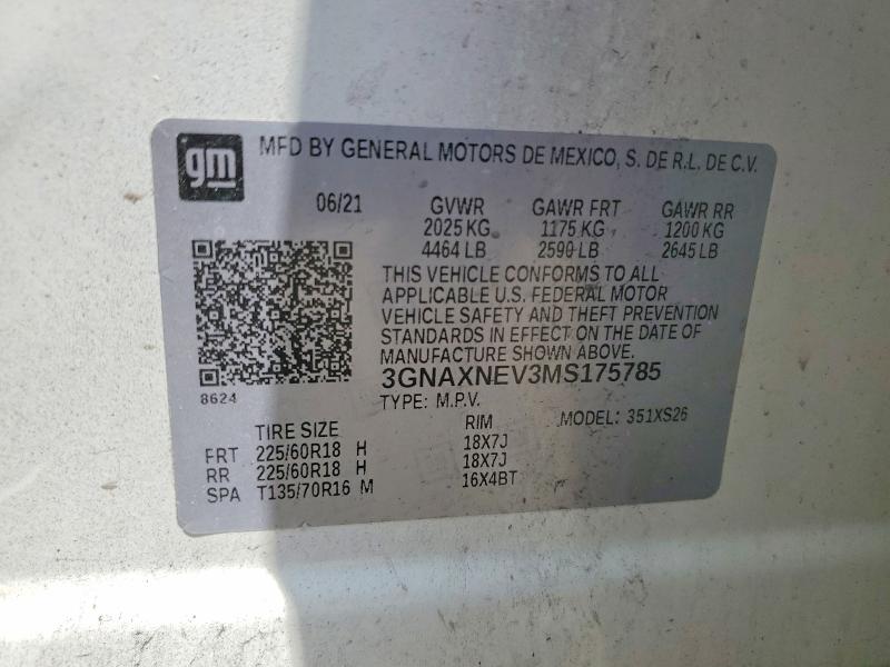 Aukcja sprzedaży 2021 Chevrolet Equinox, vin: 3GNAXNEV3MS175785, numer aukcji: 64004076