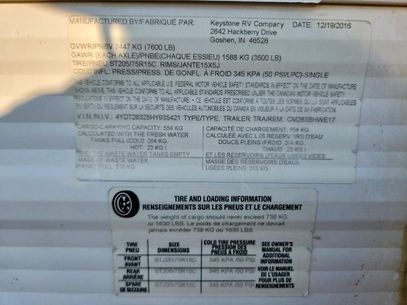 65329976 :رقم المزاد ، 4YDT26325HY935421 vin ، 2017 Keystone Coleman مزاد بيع