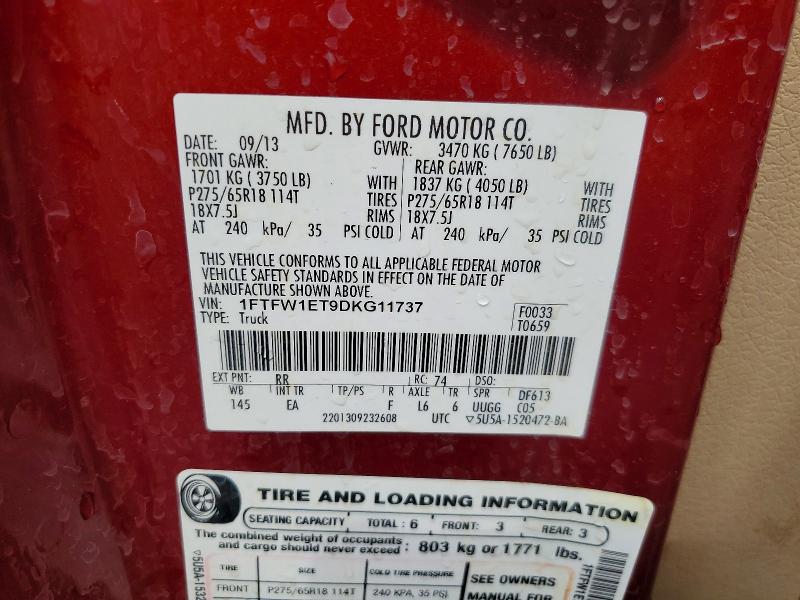 63887016 :رقم المزاد ، 1FTFW1ET9DKG11737 vin ، 2013 Ford F150 مزاد بيع