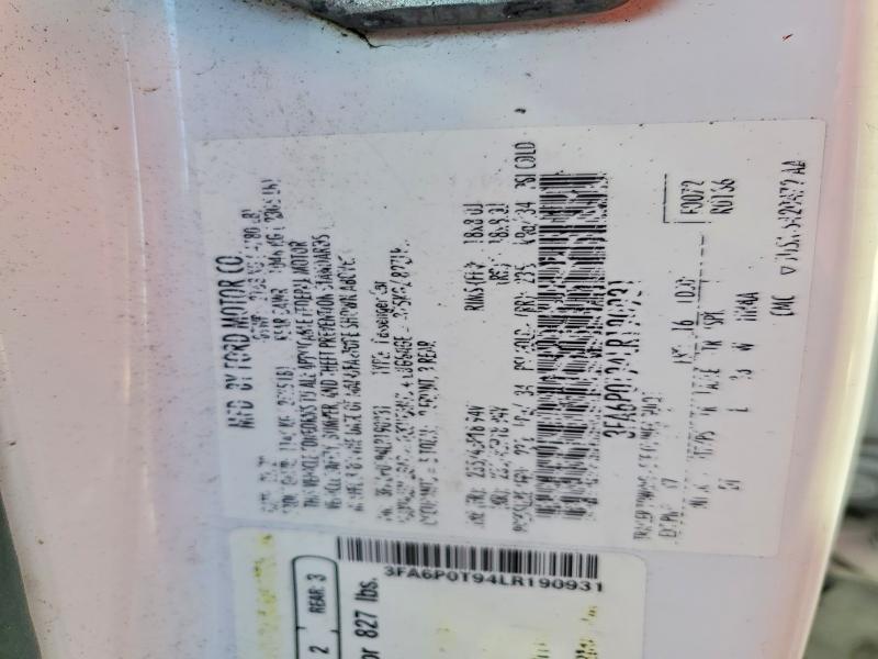 2020 Ford Fusion მანქანა იყიდება აუქციონზე, vin: 3FA6P0T94LR190931, აუქციონის ნომერი: 65819546