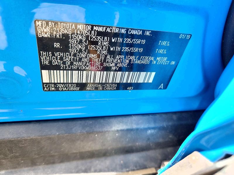 Продаж на аукціоні авто 2019 Toyota Rav4, vin: 2T3J1RFV0KW018537, номер лоту: 65008806