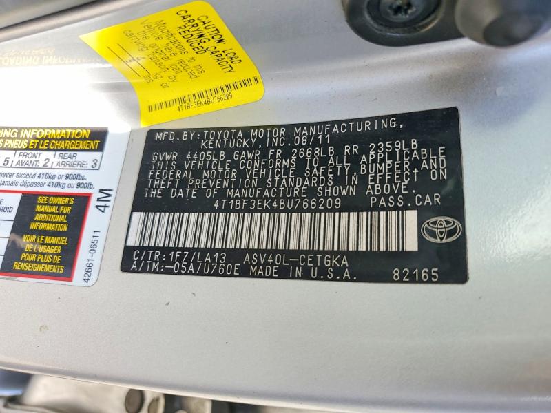 Продажа на аукционе авто 2011 Toyota Camry, vin: 4T1BF3EK4BU766209, номер лота: 64432596