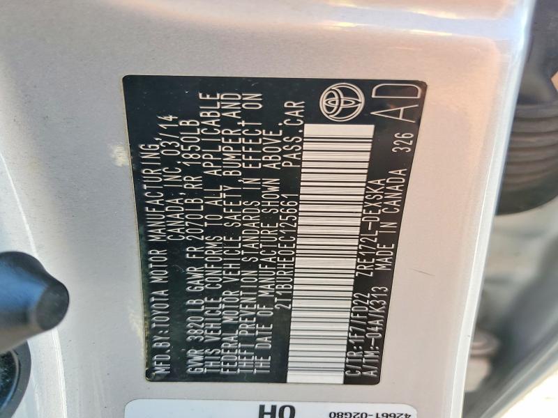 66953676 :رقم المزاد ، 2T1BURHE0EC125661 vin ، 2014 Toyota Corolla مزاد بيع