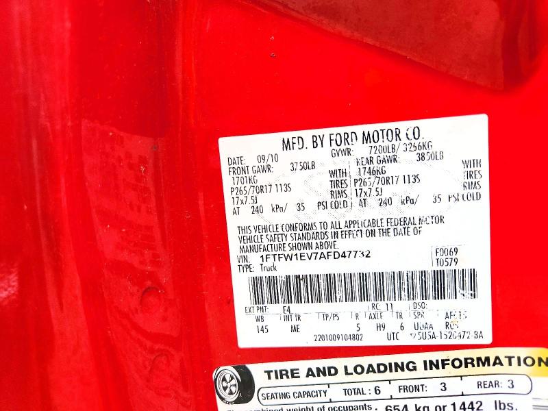 65709536 :رقم المزاد ، 1FTFW1EV7AFD47732 vin ، 2010 Ford F150 مزاد بيع