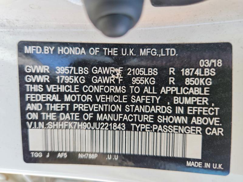 Продаж на аукціоні авто 2018 Honda Civic, vin: SHHFK7H90JU221843, номер лоту: 64265166