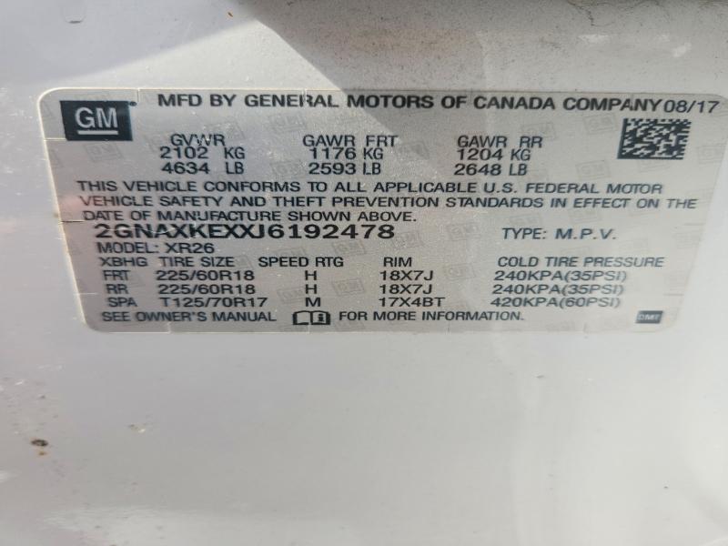 63172726 :رقم المزاد ، 2GNAXKEXXJ6192478 vin ، 2018 Chevrolet Equinox مزاد بيع