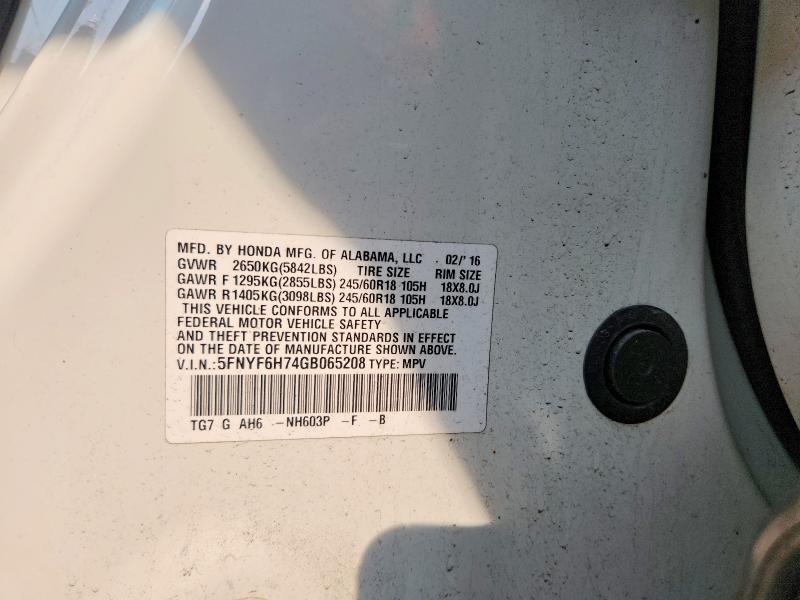 Aukcja sprzedaży 2016 Honda Pilot, vin: 5FNYF6H74GB065208, numer aukcji: 64607096