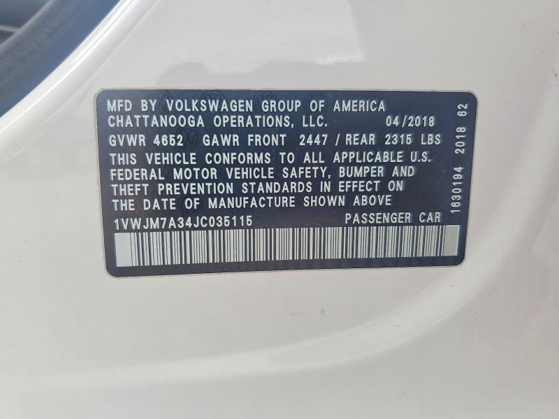 2018 Volkswagen Passat მანქანა იყიდება აუქციონზე, vin: 1VWJM7A34JC035115, აუქციონის ნომერი: 64205896