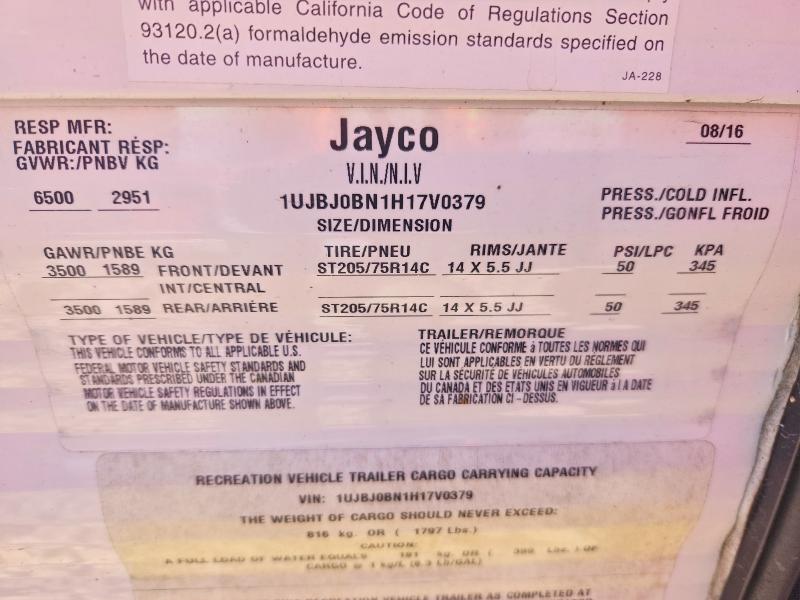 Aukcja sprzedaży 2017 Jaco Jay Flight Trv Trail, vin: 1UJBJ0BN1H17V0379, numer aukcji: 65934716
