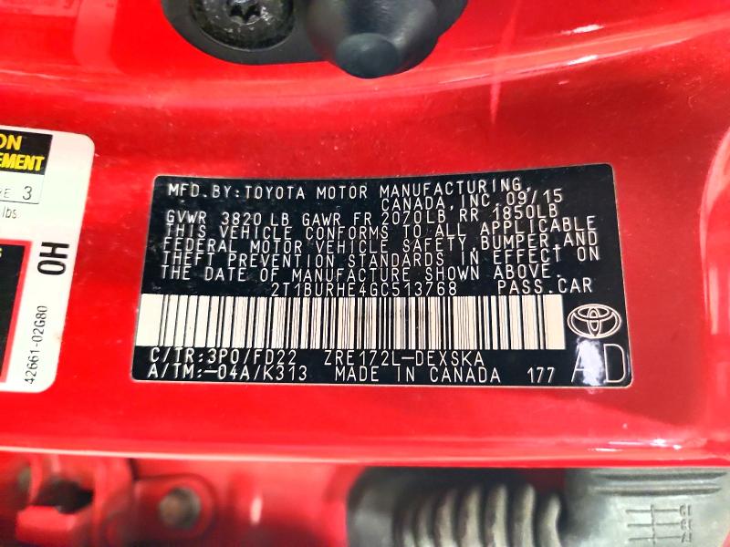 65048986 :رقم المزاد ، 2T1BURHE4GC513768 vin ، 2016 Toyota Corolla مزاد بيع