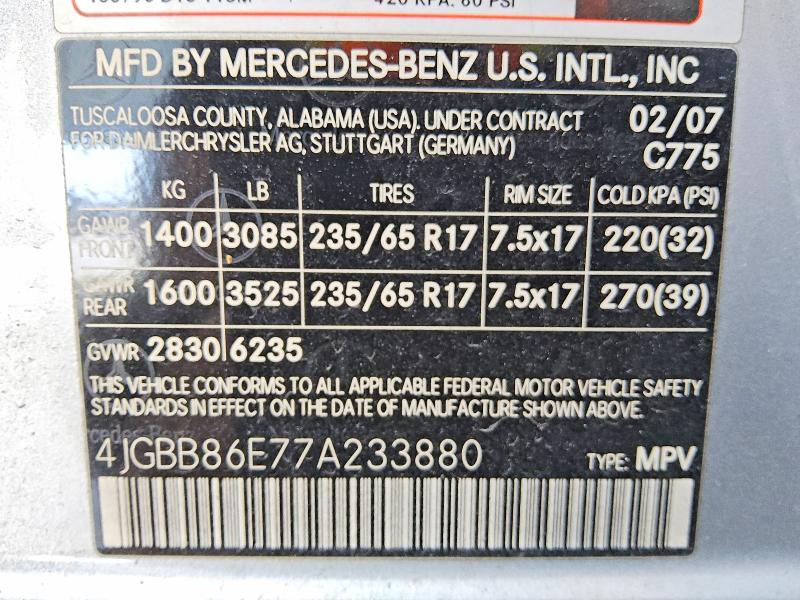 Продаж на аукціоні авто 2007 Mercedes-benz Ml, vin: 4JGBB86E77A233880, номер лоту: 63844226