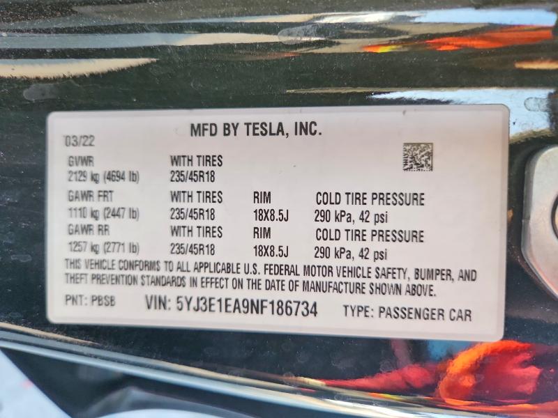 Aukcja sprzedaży 2022 Tesla Model 3, vin: 5YJ3E1EA9NF186734, numer aukcji: 63896846