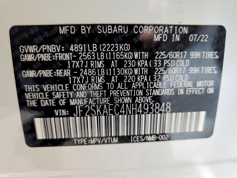 2022 Subaru Forester მანქანა იყიდება აუქციონზე, vin: JF2SKAEC4NH493848, აუქციონის ნომერი: 63476876