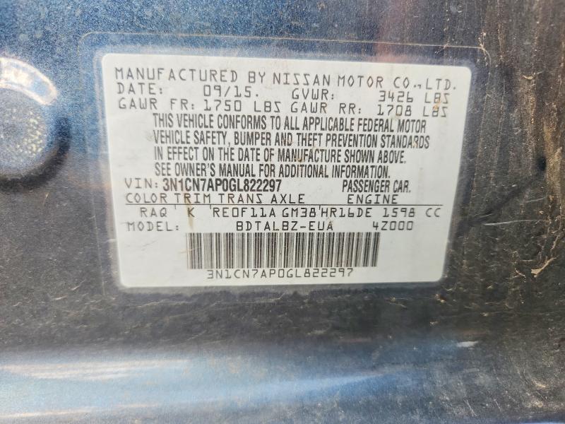 2016 Nissan Versa მანქანა იყიდება აუქციონზე, vin: 3N1CN7AP0GL822297, აუქციონის ნომერი: 65339146