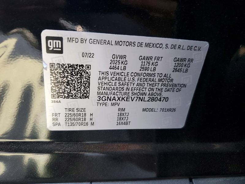 Aukcja sprzedaży 2022 Chevrolet Equinox, vin: 3GNAXKEV7NL280470, numer aukcji: 64125076