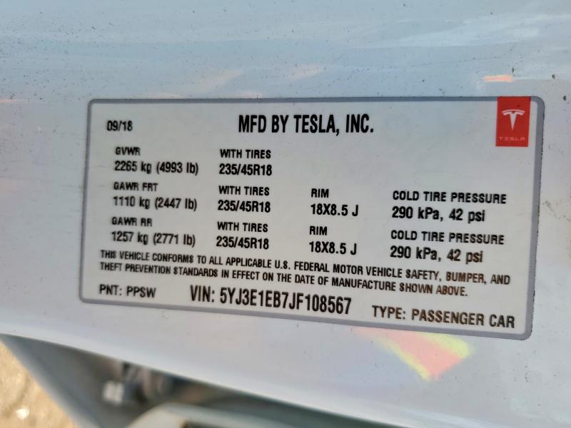 Aukcja sprzedaży 2018 Tesla Model 3, vin: 5YJ3E1EB7JF108567, numer aukcji: 65476676