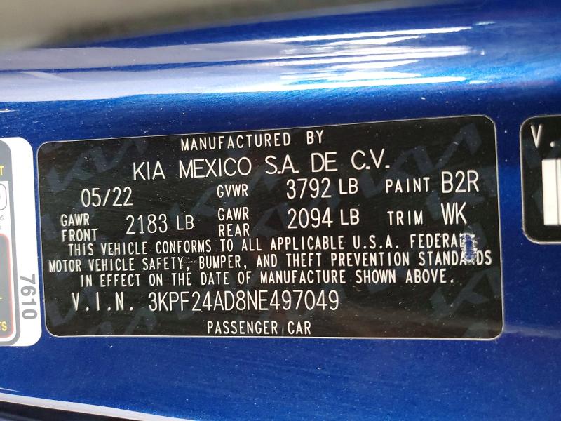63441266 :رقم المزاد ، 3KPF24AD8NE497049 vin ، 2022 Kia Forte مزاد بيع