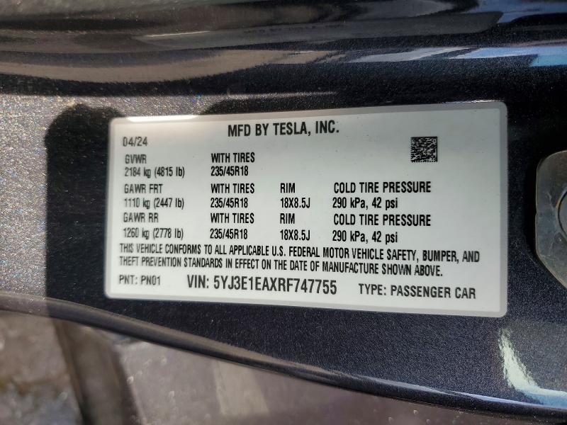 2024 Tesla Model 3 მანქანა იყიდება აუქციონზე, vin: 5YJ3E1EAXRF747755, აუქციონის ნომერი: 64574846