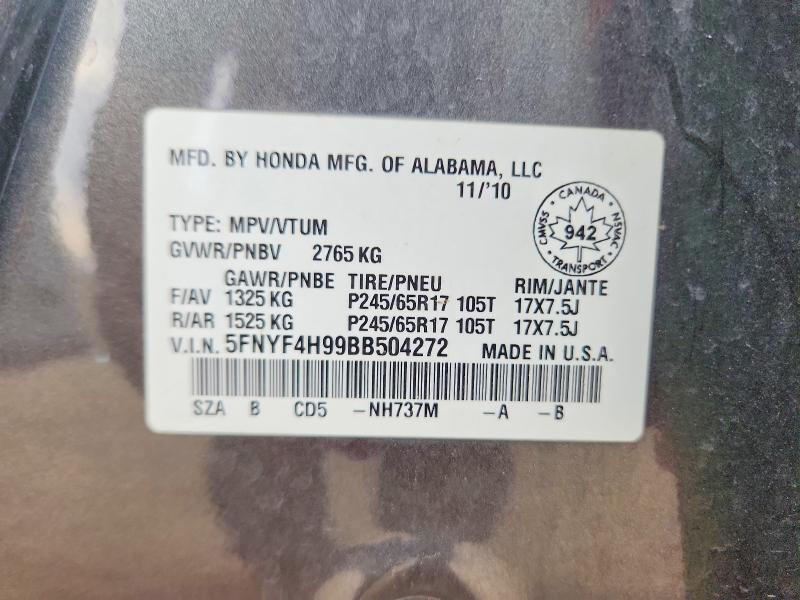 66886956 :رقم المزاد ، 5FNYF4H99BB504272 vin ، 2011 Honda Pilot مزاد بيع