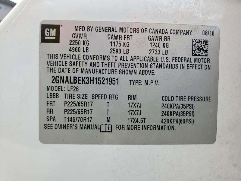 64503346 :رقم المزاد ، 2GNALBEK3H1521951 vin ، 2017 Chevrolet Equinox مزاد بيع