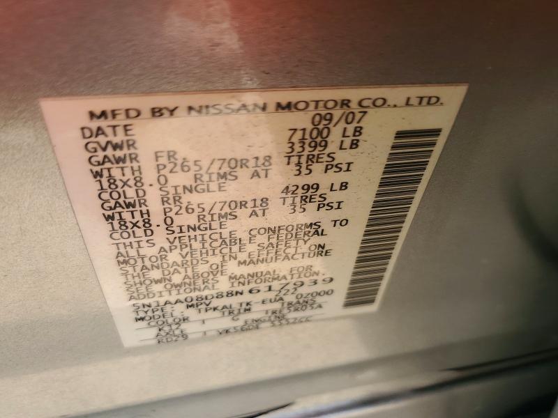 Aukcja sprzedaży 2008 Nissan Armada, vin: 5N1AA08D88N617939, numer aukcji: 61450966