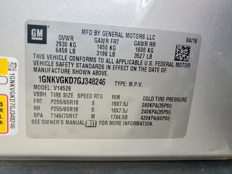 Aukcja sprzedaży 2016 Chevrolet Traverse, vin: 1GNKVGKD7GJ348246, numer aukcji: 64928016