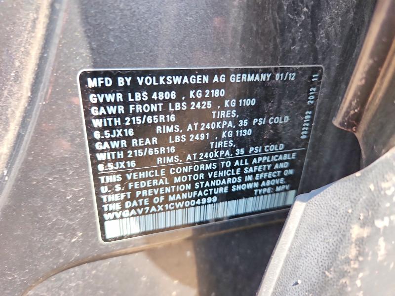 63905136 :رقم المزاد ، WVGAV7AX1CW004999 vin ، 2012 Volkswagen Tiguan مزاد بيع