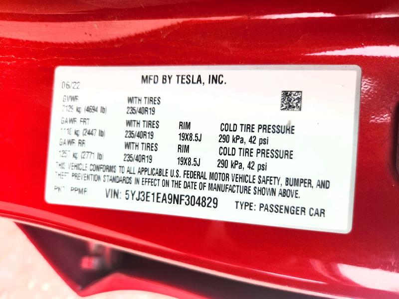 62600296 :رقم المزاد ، 5YJ3E1EA9NF304829 vin ، 2022 Tesla Model 3 مزاد بيع