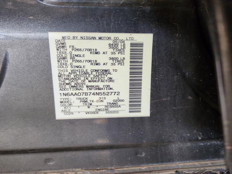 2004 Nissan Titan მანქანა იყიდება აუქციონზე, vin: 1N6AA07B74N552772, აუქციონის ნომერი: 66923256