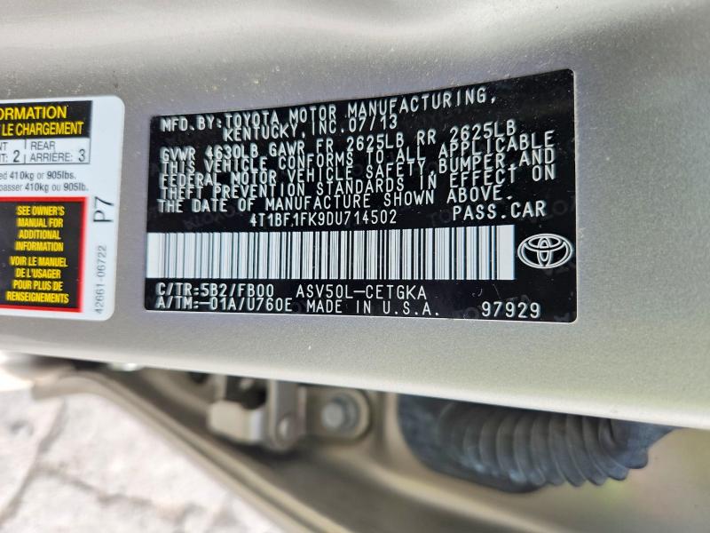 2013 Toyota Camry მანქანა იყიდება აუქციონზე, vin: 4T1BF1FK9DU714502, აუქციონის ნომერი: 66196176