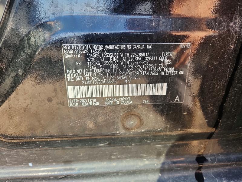 Aukcja sprzedaży 2012 Toyota Rav4, vin: 2T3BF4DV9CW188845, numer aukcji: 66911806