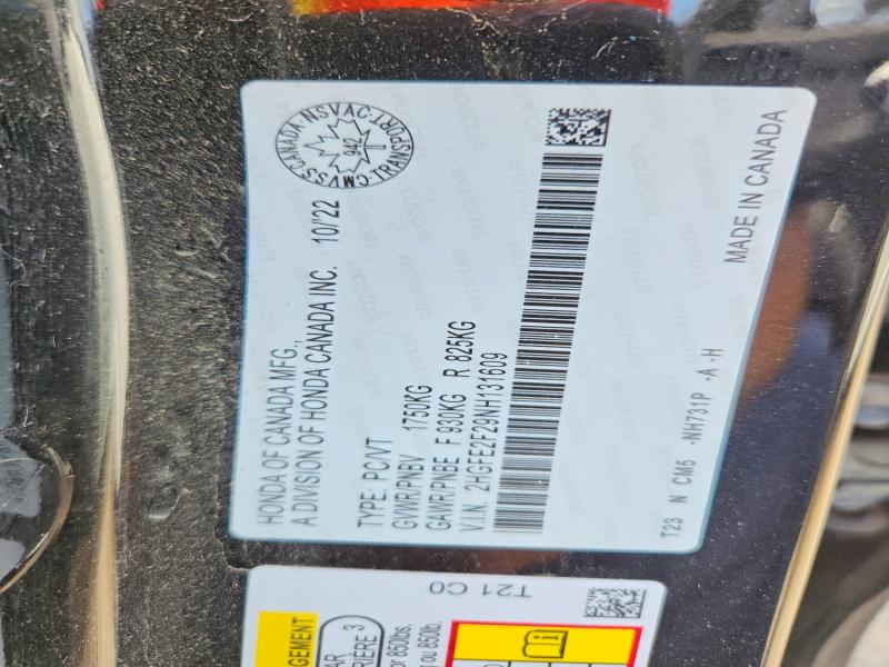 2022 Honda Civic მანქანა იყიდება აუქციონზე, vin: 2HGFE2F29NH131609, აუქციონის ნომერი: 61413256
