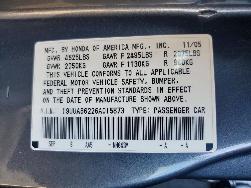 62720706 :رقم المزاد ، 19UUA66226A015873 vin ، 2006 Acura 3.2tl مزاد بيع