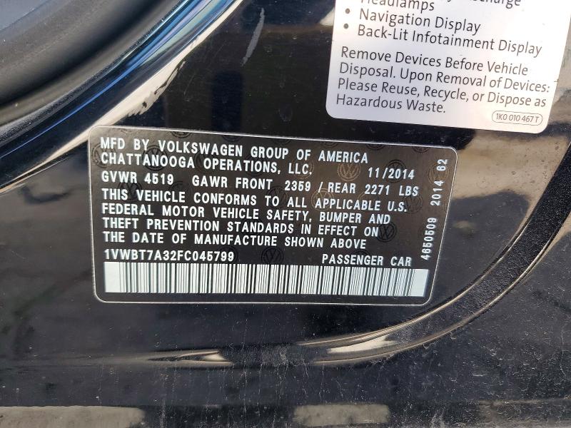 Продажа на аукционе авто 2015 Volkswagen Passat, vin: 1VWBT7A32FC045799, номер лота: 66374496