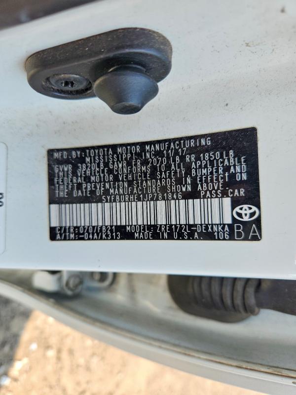 Продаж на аукціоні авто 2018 Toyota Corolla, vin: 5YFBURHE1JP781846, номер лоту: 64388726