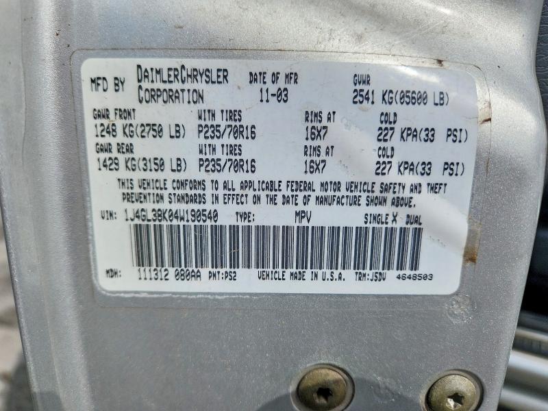 2004 Jeep Liberty მანქანა იყიდება აუქციონზე, vin: 1J4GL38K04W190540, აუქციონის ნომერი: 65897226