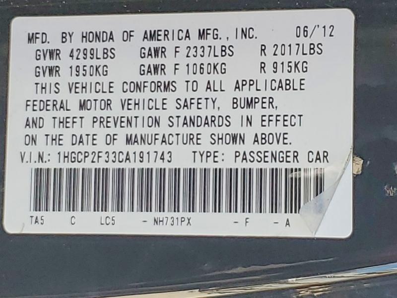 65854626 :رقم المزاد ، 1HGCP2F33CA191743 vin ، 2012 Honda Accord مزاد بيع