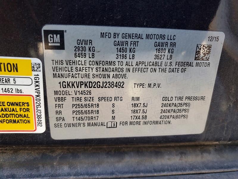 65916316 :رقم المزاد ، 1GKKVPKD2GJ238492 vin ، 2016 Gmc Acadia مزاد بيع