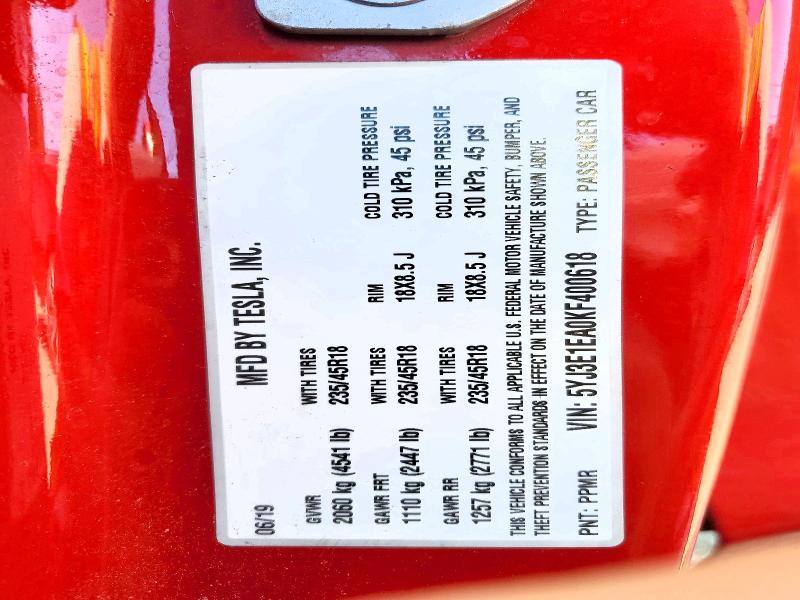 Продажа на аукционе авто 2019 Tesla Model 3, vin: 5YJ3E1EA0KF400618, номер лота: 65568936