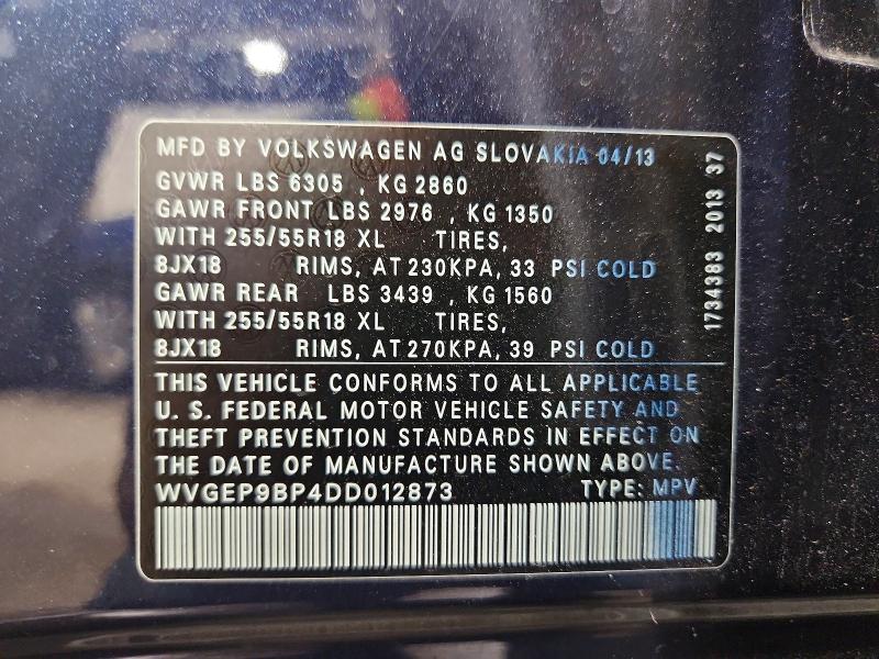 2013 Volkswagen Touareg მანქანა იყიდება აუქციონზე, vin: WVGEP9BP4DD012873, აუქციონის ნომერი: 66301526